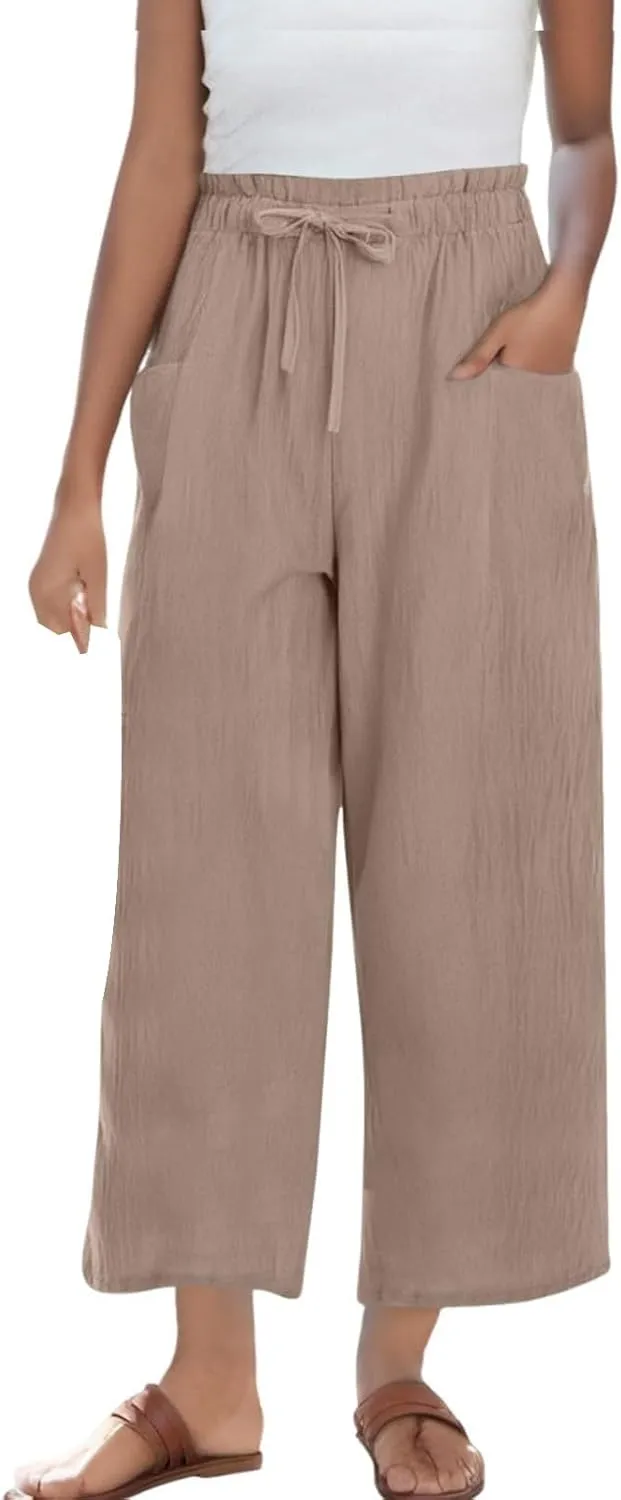 Women's Linen Pants Casual Drawstring High Waisted Wide Leg Capri Pant Summer Baggy Palazzo Trousers with Pockets