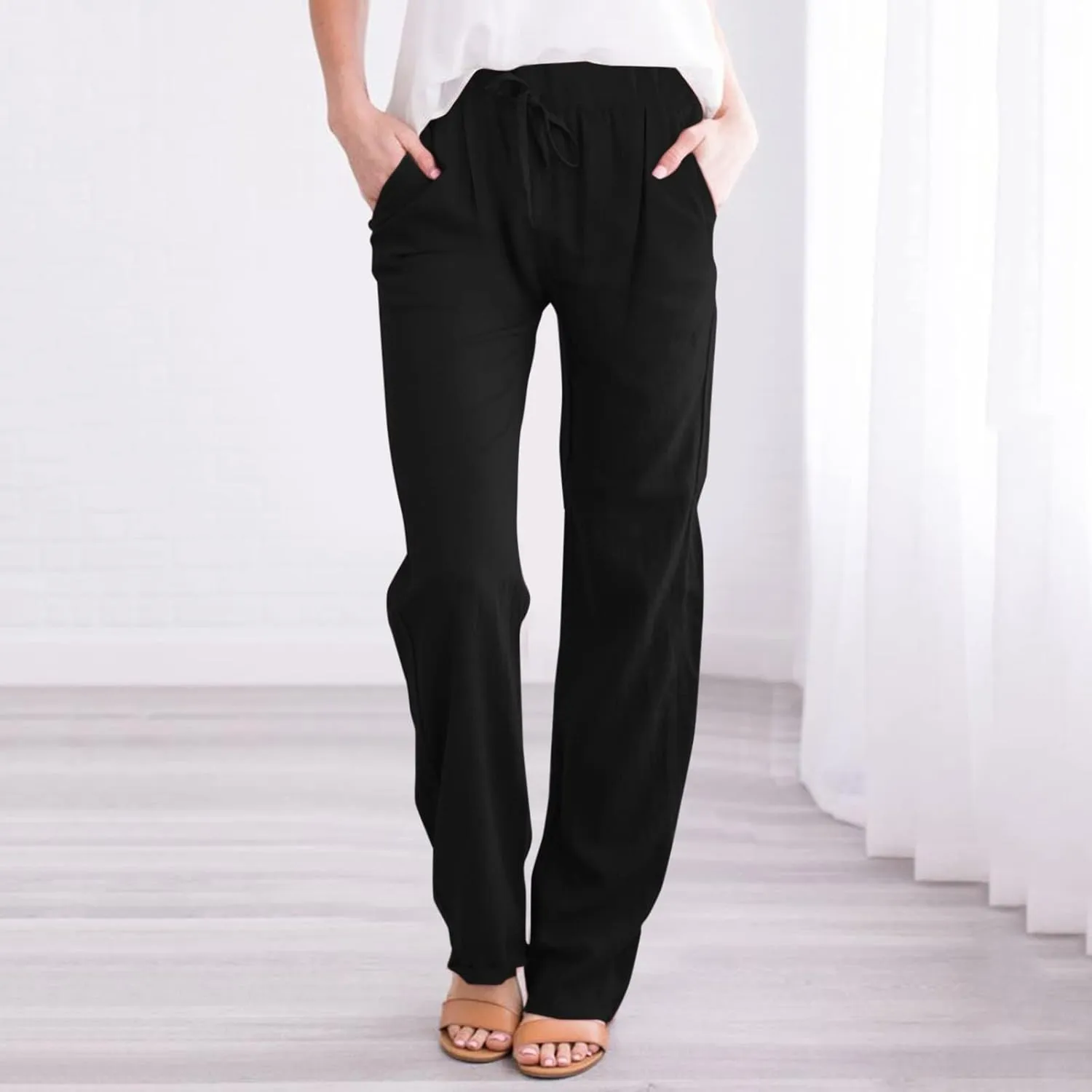 Womens Linen Pants Casual Straight Leg Fit Elastic Waisted Drawstring Cotton Trousers with Pockets Summer Yoga Pant