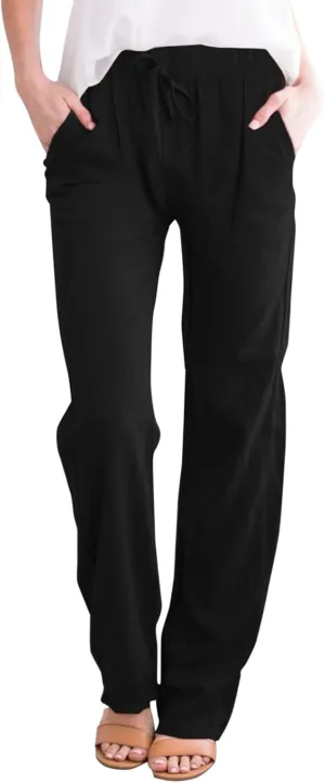 Womens Linen Pants Casual Straight Leg Fit Elastic Waisted Drawstring Cotton Trousers with Pockets Summer Yoga Pant