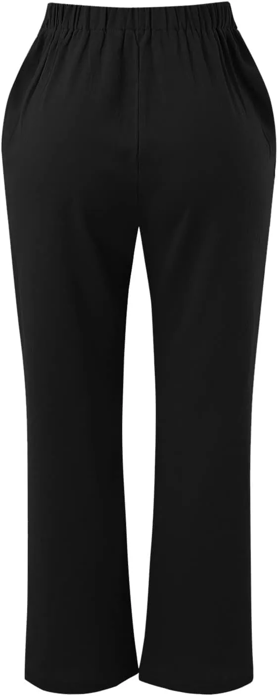 Womens Linen Pants Casual Straight Leg Fit Elastic Waisted Drawstring Cotton Trousers with Pockets Summer Yoga Pant