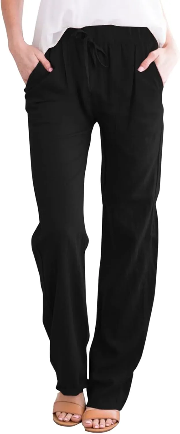 Womens Linen Pants Casual Straight Leg Fit Elastic Waisted Drawstring Cotton Trousers with Pockets Summer Yoga Pant