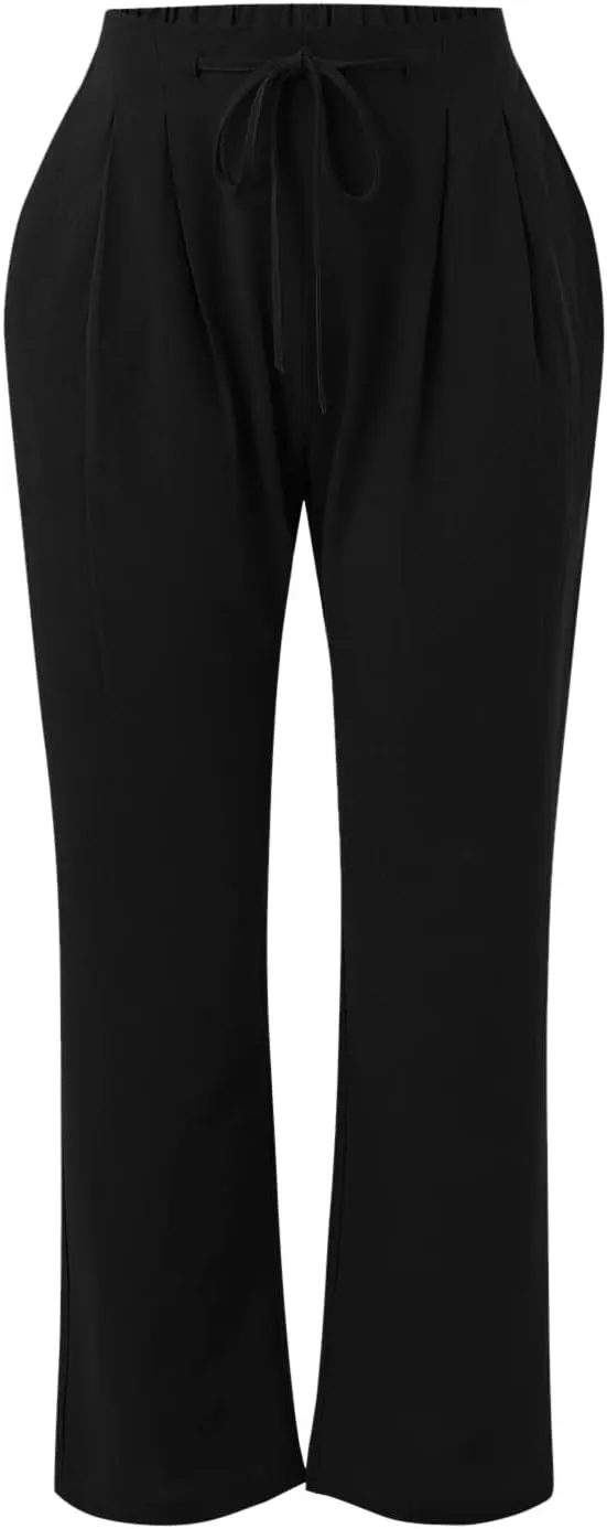 Womens Linen Pants Casual Straight Leg Fit Elastic Waisted Drawstring Cotton Trousers with Pockets Summer Yoga Pant