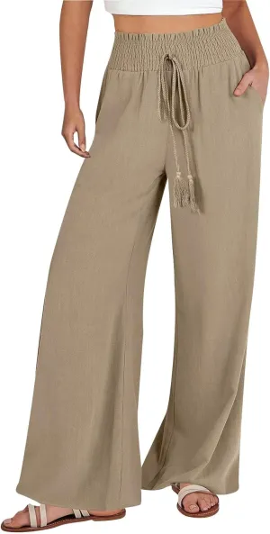 Women's Linen Pants Summer Casual Flowy Palazzo Beach Pants Drawstring High Waisted Wide Leg Trousers Vacation Slacks