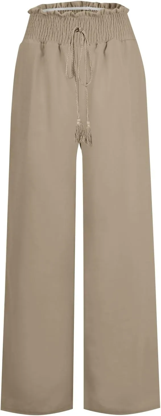 Women's Linen Pants Summer Casual Flowy Palazzo Beach Pants Drawstring High Waisted Wide Leg Trousers Vacation Slacks