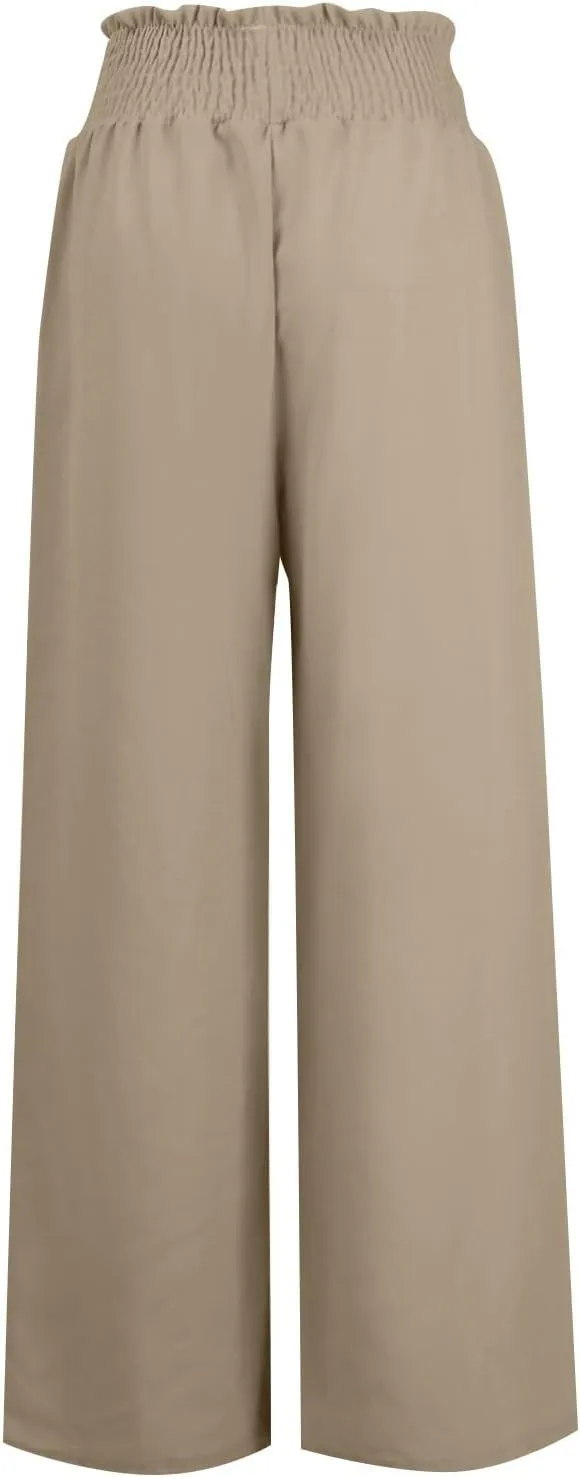 Women's Linen Pants Summer Casual Flowy Palazzo Beach Pants Drawstring High Waisted Wide Leg Trousers Vacation Slacks