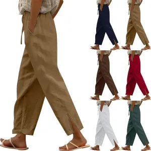 Womens Linen Pants Summer Elastic High Waist Straight Leg Pant Casual Fashion Lightweight Lounge Loose Beach Trouser