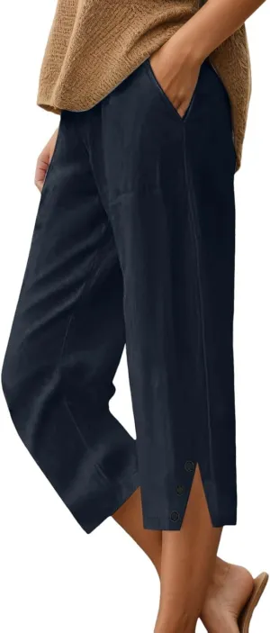 Womens Linen Pants Summer Lightweight Loose Casual Beach Pants Baggy Elastic Waisted Yoga Trousers with Pockets