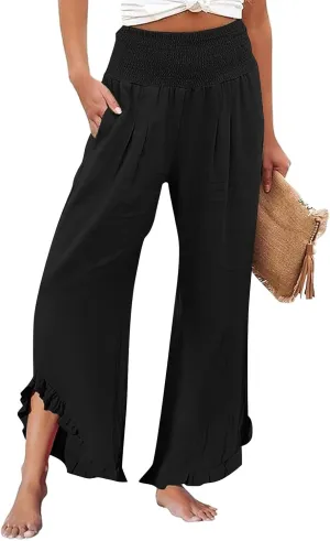 Women's Linen Pants Summer Wide Leg Smocked Waist Ruffle Hem Palazzo Pants Boho Flowy Beach Pants with Pockets