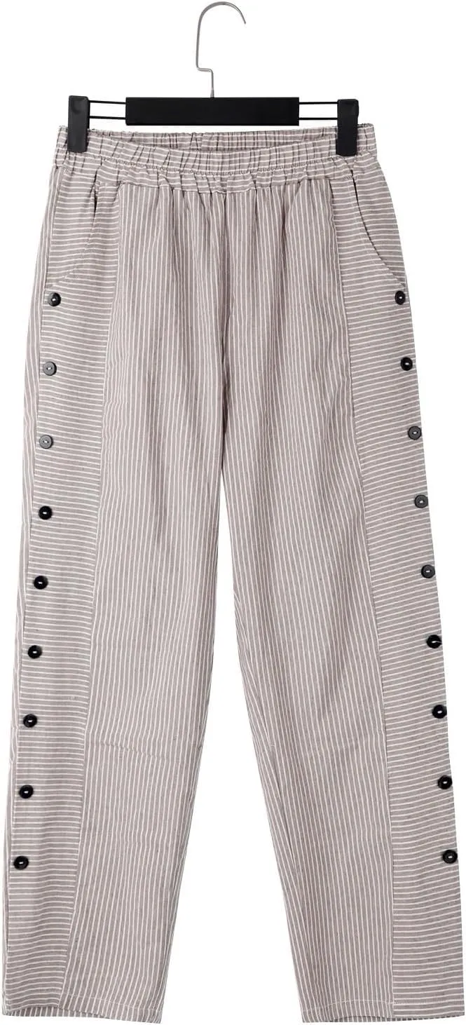 Womens Linen Pants with Pockets Loose Elastic High Waisted Comfy Beach Trousers Striped Side Button Casual Pants