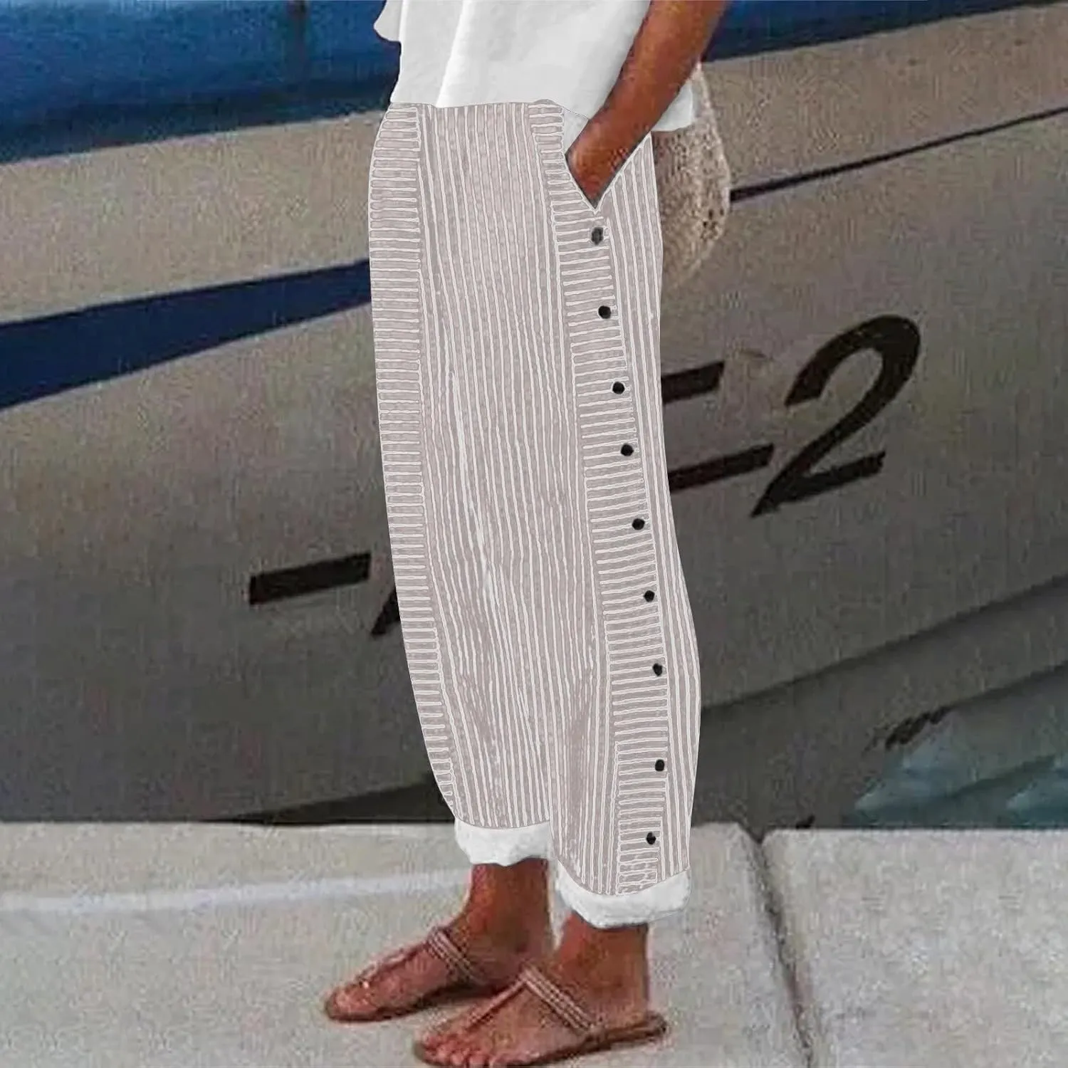 Womens Linen Pants with Pockets Loose Elastic High Waisted Comfy Beach Trousers Striped Side Button Casual Pants