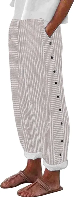 Womens Linen Pants with Pockets Loose Elastic High Waisted Comfy Beach Trousers Striped Side Button Casual Pants