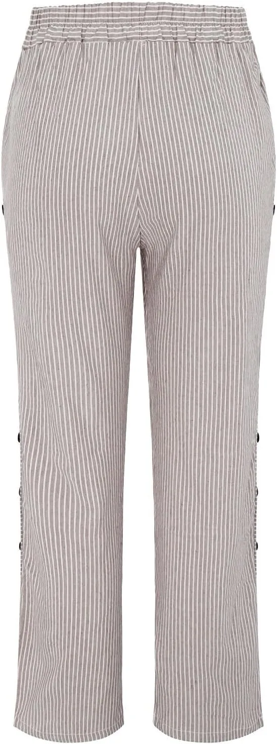 Womens Linen Pants with Pockets Loose Elastic High Waisted Comfy Beach Trousers Striped Side Button Casual Pants