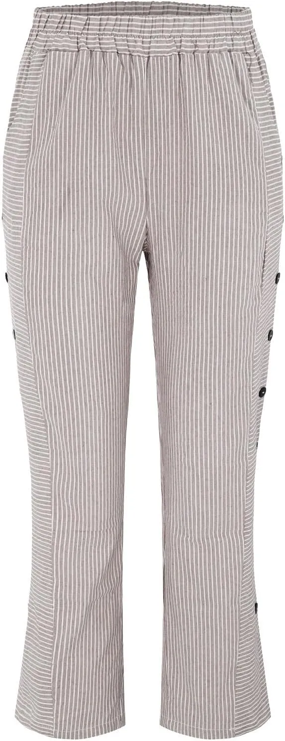 Womens Linen Pants with Pockets Loose Elastic High Waisted Comfy Beach Trousers Striped Side Button Casual Pants