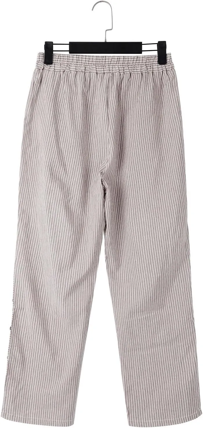 Womens Linen Pants with Pockets Loose Elastic High Waisted Comfy Beach Trousers Striped Side Button Casual Pants