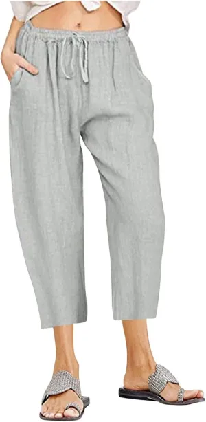 Womens Linen Summer Flowy Pants Elastic Waisted Ankle Length Plus Size Trouser Travel