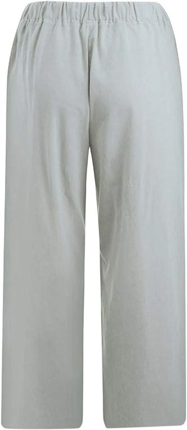 Womens Linen Summer Flowy Pants Elastic Waisted Ankle Length Plus Size Trouser Travel