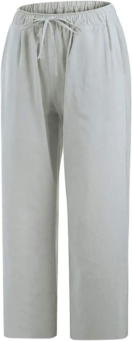 Womens Linen Summer Flowy Pants Elastic Waisted Ankle Length Plus Size Trouser Travel