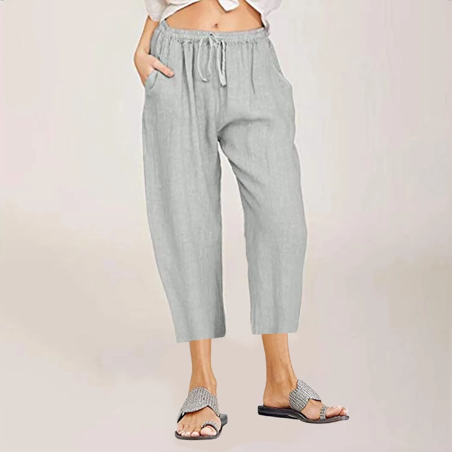 Womens Linen Summer Flowy Pants Elastic Waisted Ankle Length Plus Size Trouser Travel
