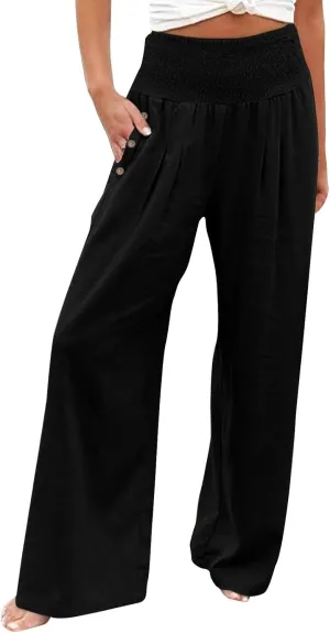 Womens Linen Summer Letter Patched Palazzo Lounge Pants High Waist Wide Leg Slim-Fit Palazzo Pants Beach