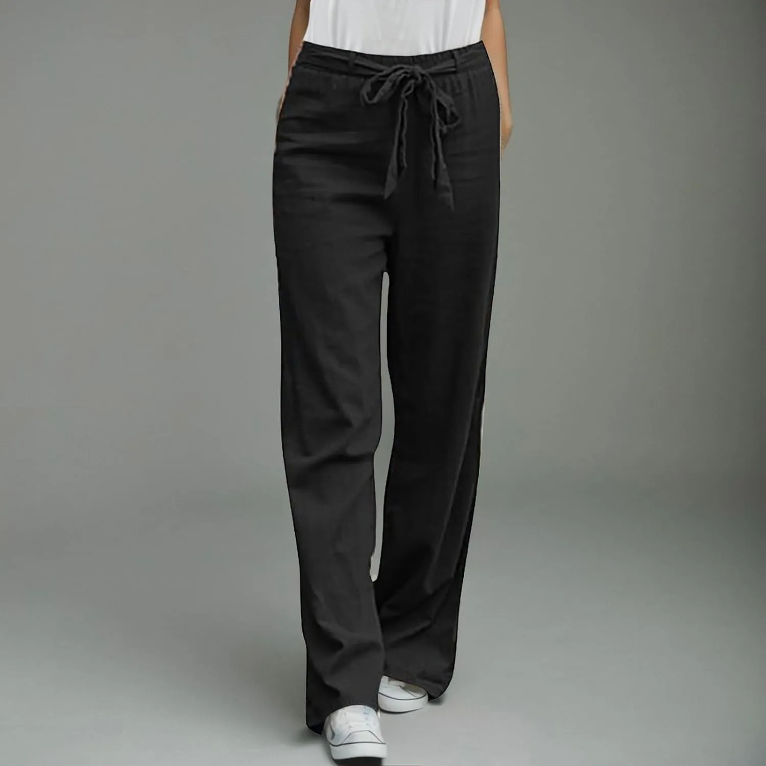 Women's Linen Summer Letter Patched Palazzo Pants High Waist Wide Leg Loose Fit Palazzo Lounge Pants Vacation