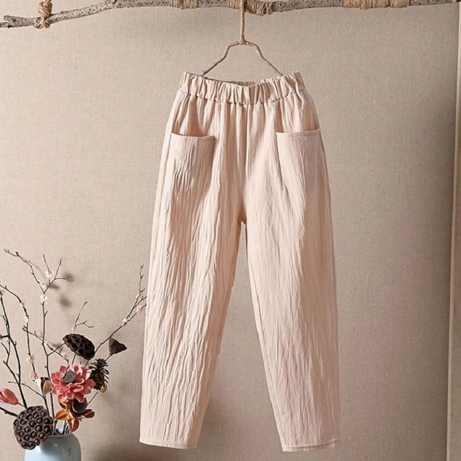 Womens Linen Summer Letter Patched Pants Elastic Waisted Stretchy Straight Plus Size Pant Trousers Vacation