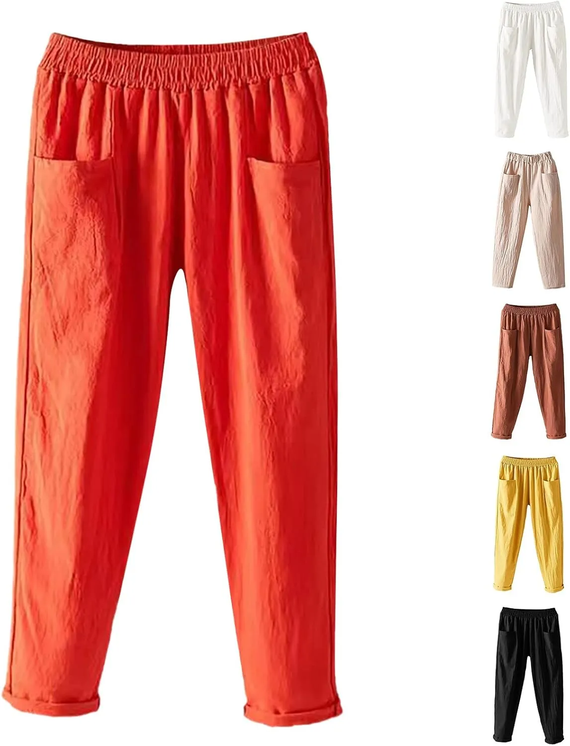 Womens Linen Summer Letter Patched Pants Elastic Waisted Stretchy Straight Plus Size Pant Trousers Vacation
