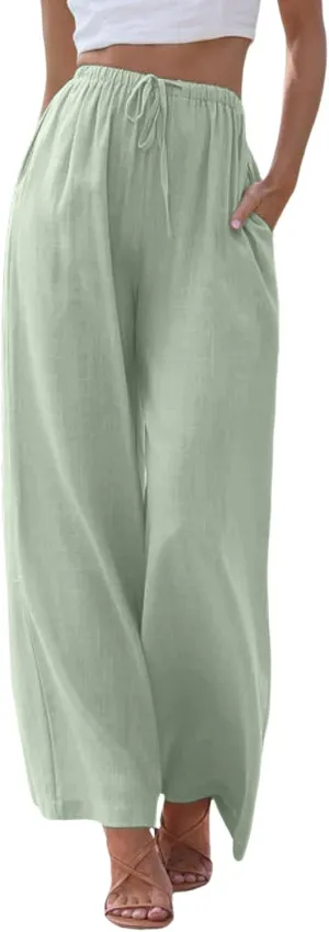 Women's Linen Summer Palazzo Pants Flowy Wide Leg Beach Trousers Drawstring Elastic Waist Pant with Pockets