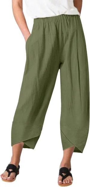 Women's Linen Summer Printed Palazzo Pants Elastic Waisted Wide Leg Slim Fit Pant Trousers Business Work