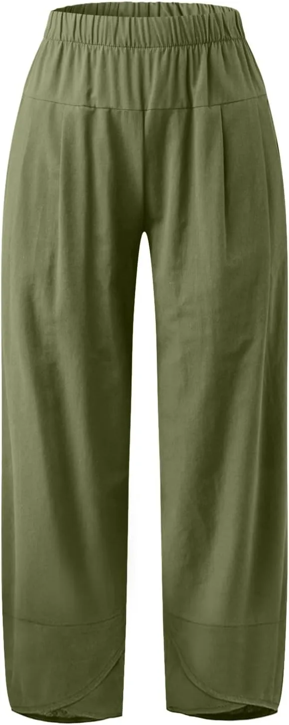 Women's Linen Summer Printed Palazzo Pants Elastic Waisted Wide Leg Slim Fit Pant Trousers Business Work
