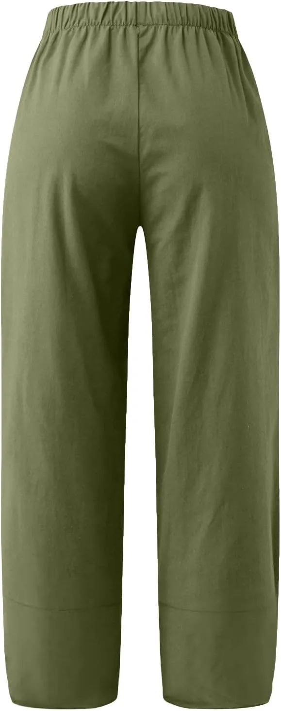 Women's Linen Summer Printed Palazzo Pants Elastic Waisted Wide Leg Slim Fit Pant Trousers Business Work
