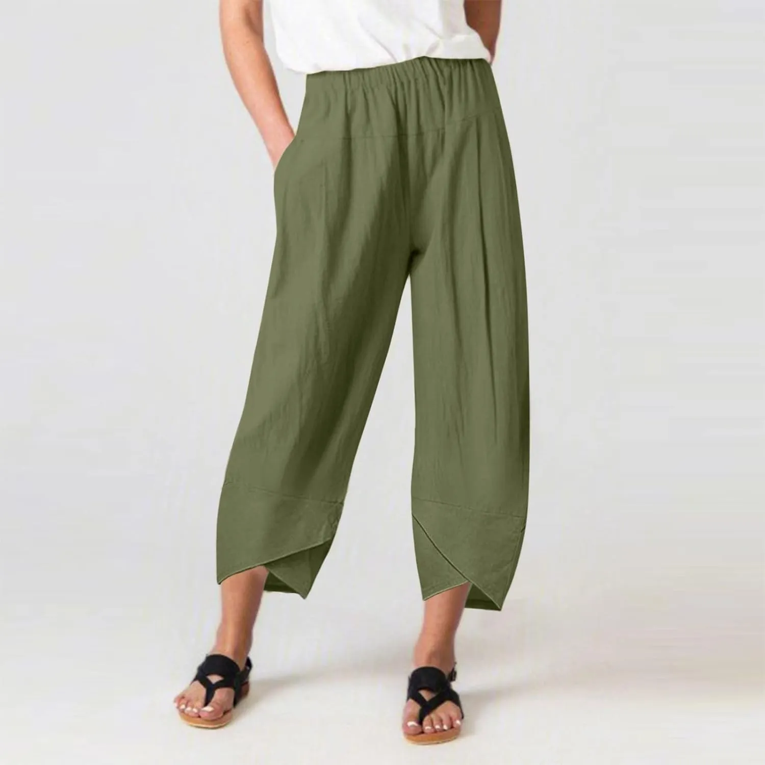 Women's Linen Summer Printed Palazzo Pants Elastic Waisted Wide Leg Slim Fit Pant Trousers Business Work