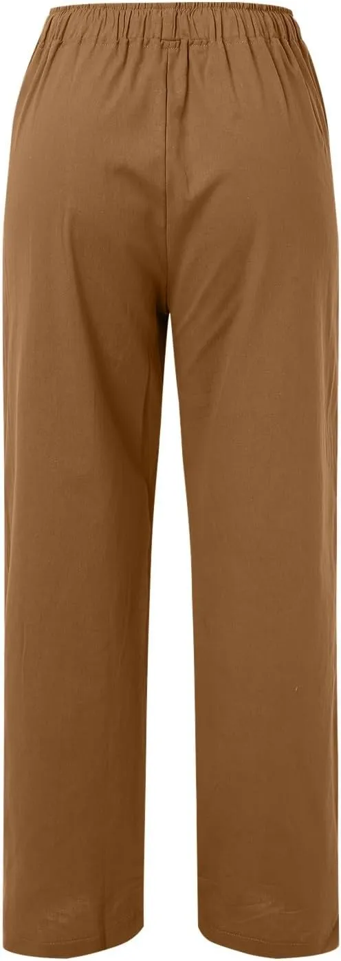 Womens Linen Summer Tie Knot Palazzo Pants Elastic Waisted Long Lounge Slim-Fit Palazzo Lounge Pants Office