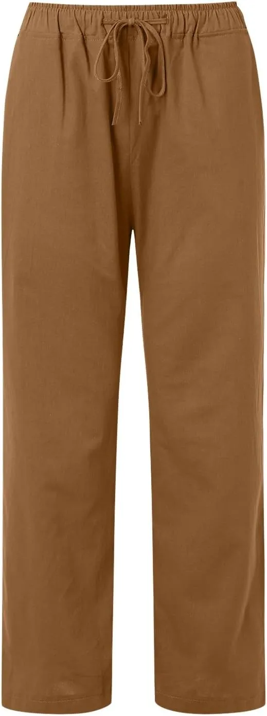 Womens Linen Summer Tie Knot Palazzo Pants Elastic Waisted Long Lounge Slim-Fit Palazzo Lounge Pants Office