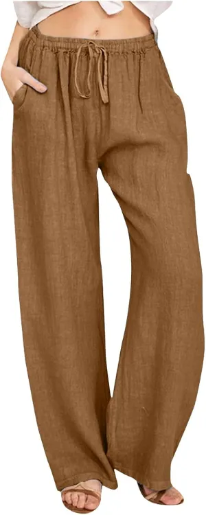 Womens Linen Summer Tie Knot Palazzo Pants Elastic Waisted Long Lounge Slim-Fit Palazzo Lounge Pants Office