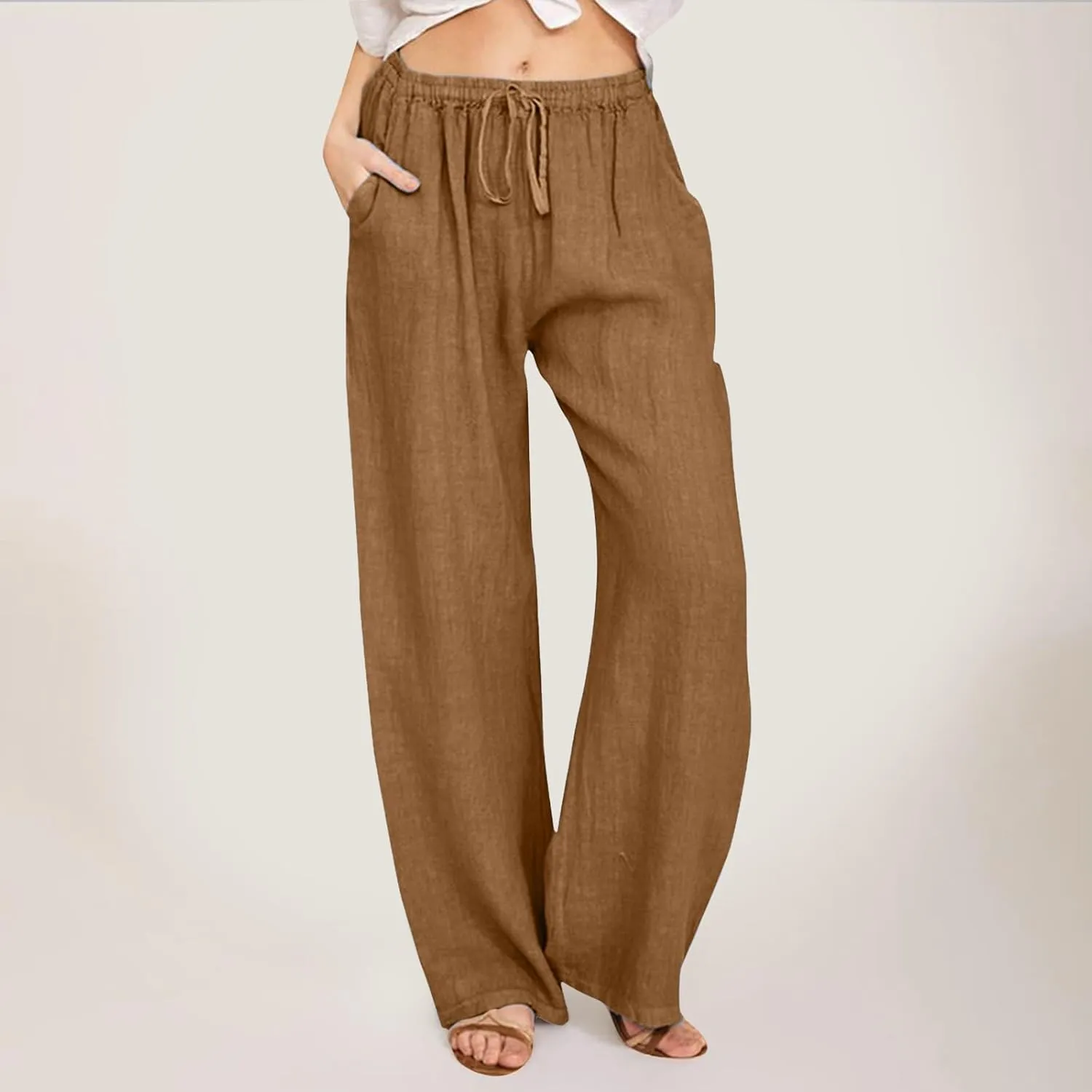 Womens Linen Summer Tie Knot Palazzo Pants Elastic Waisted Long Lounge Slim-Fit Palazzo Lounge Pants Office