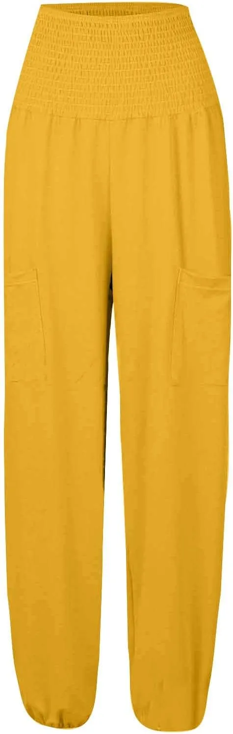 Womens Linen Summer Tie Knot Pants High Waist Stretchy Straight Plus Size Palazzo Pants Travel