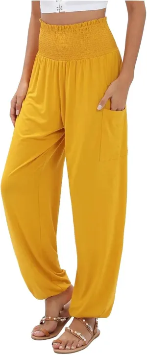 Womens Linen Summer Tie Knot Pants High Waist Stretchy Straight Plus Size Palazzo Pants Travel