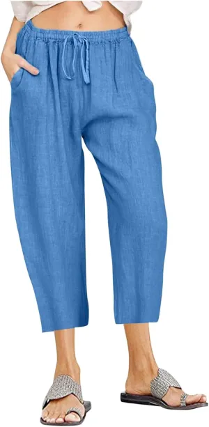 Womens Linen Summer Trendy Palazzo Lounge Pants Elastic Waisted Baggy Stretchy Slim-Fit Pants Business Work