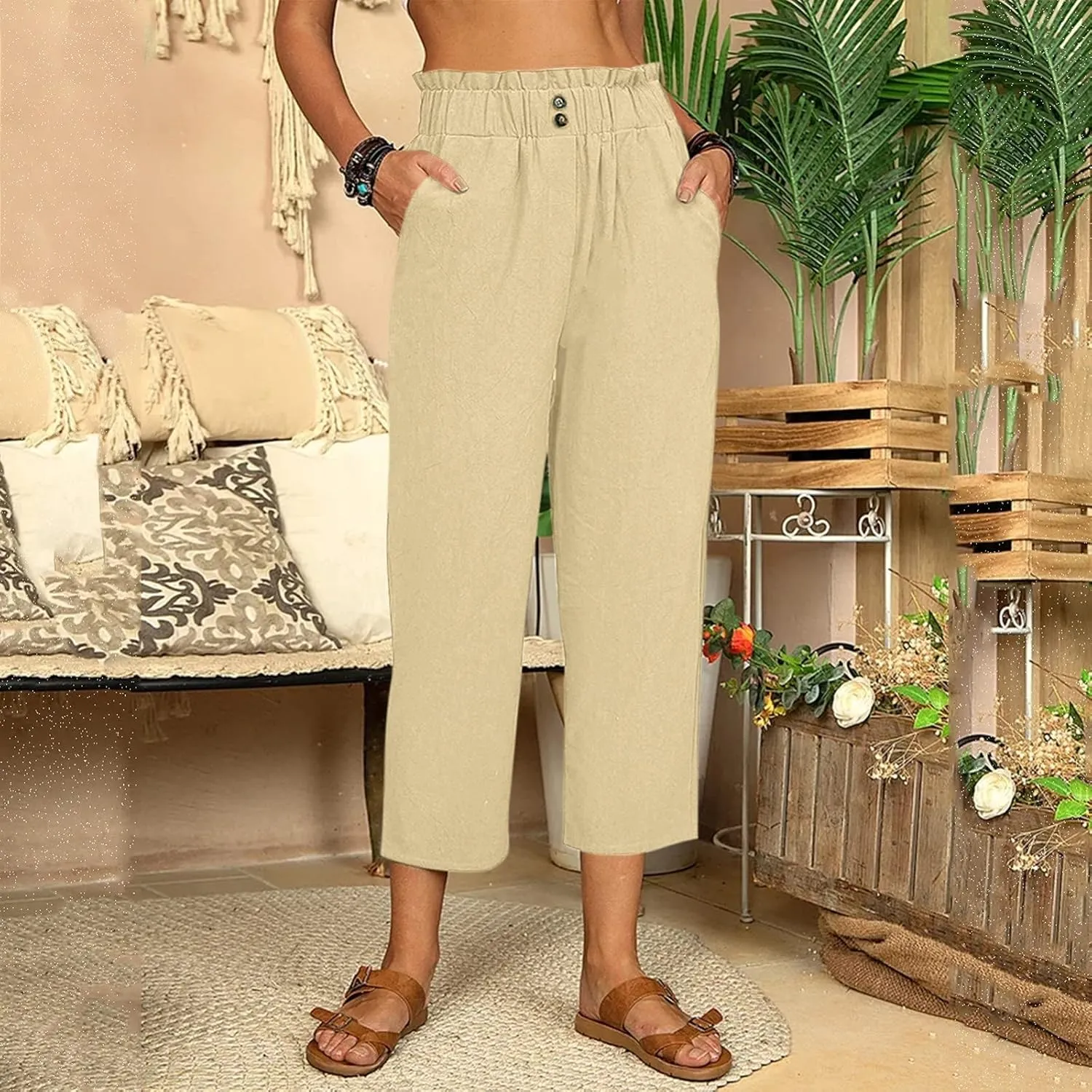 Women's Linen Summer Y2K Fashion Pants Elastic Waisted Ankle Length Slim Fit Trousers Beach