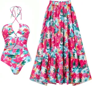 Women's One Piece Swimsuit with Cover up Wrap Skirt Floral Sarong Tummy Control Beach Bikini Set Bathing Suit