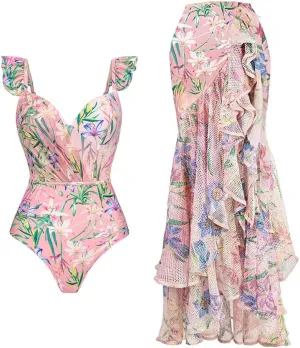 Women's One Piece Swimsuit with Cover up Wrap Skirt Floral Sarong Tummy Control Beach Bikini Set Bathing Suit