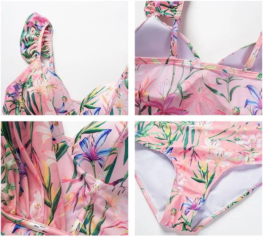 Women's One Piece Swimsuit with Cover up Wrap Skirt Floral Sarong Tummy Control Beach Bikini Set Bathing Suit