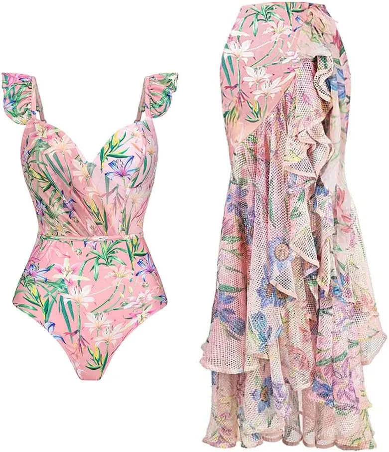 Women's One Piece Swimsuit with Cover up Wrap Skirt Floral Sarong Tummy Control Beach Bikini Set Bathing Suit