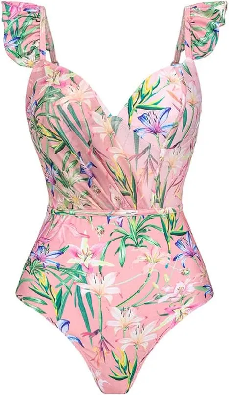 Women's One Piece Swimsuit with Cover up Wrap Skirt Floral Sarong Tummy Control Beach Bikini Set Bathing Suit