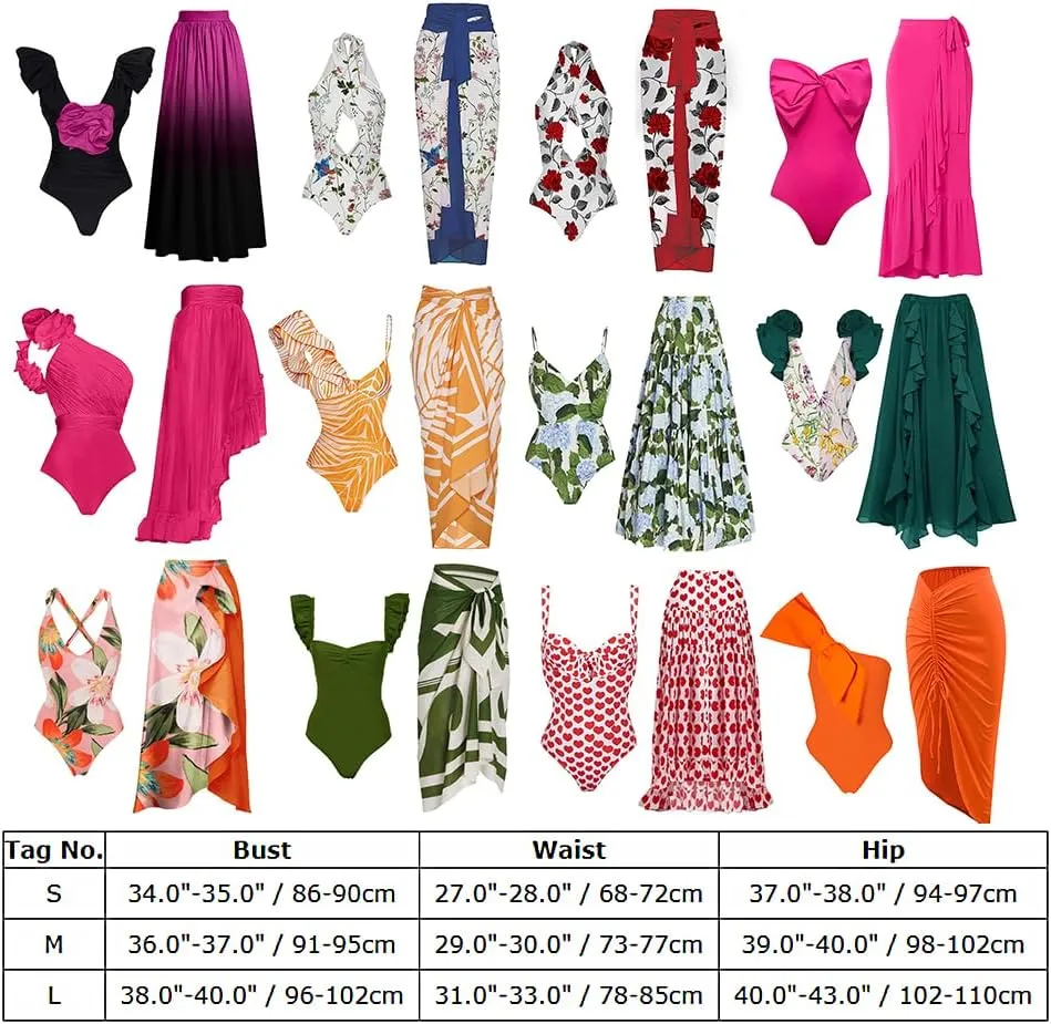 Women's One Piece Swimsuit with Cover Up Wrap Skirt Retro Floral Bathing Suits with Sarong Set
