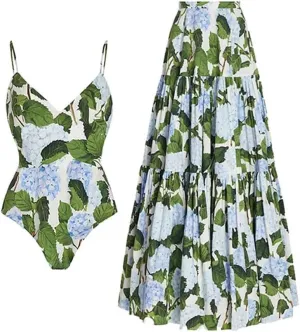 Women's One Piece Swimsuit with Cover Up Wrap Skirt Retro Floral Bathing Suits with Sarong Set