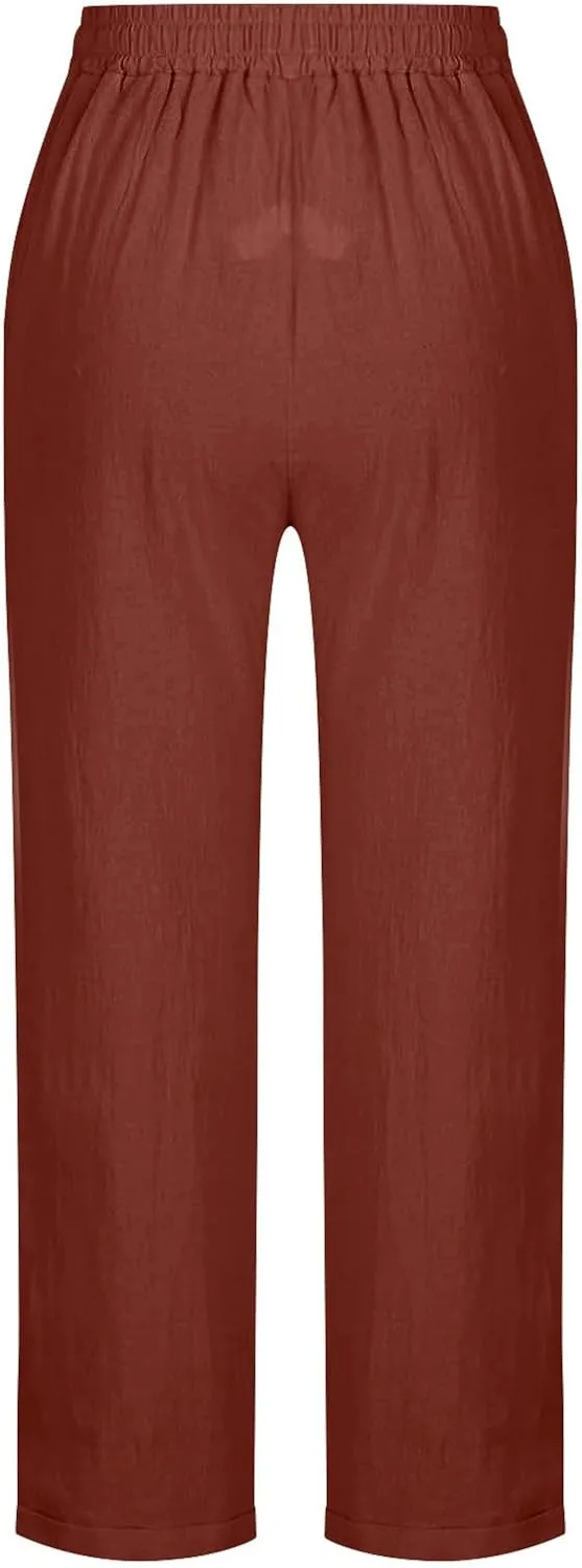 Women's Plus Size Linen Blend Pants Wide Straight Leg Trousers Comfy Casual Lounge Pants Women Lightweight Trousers