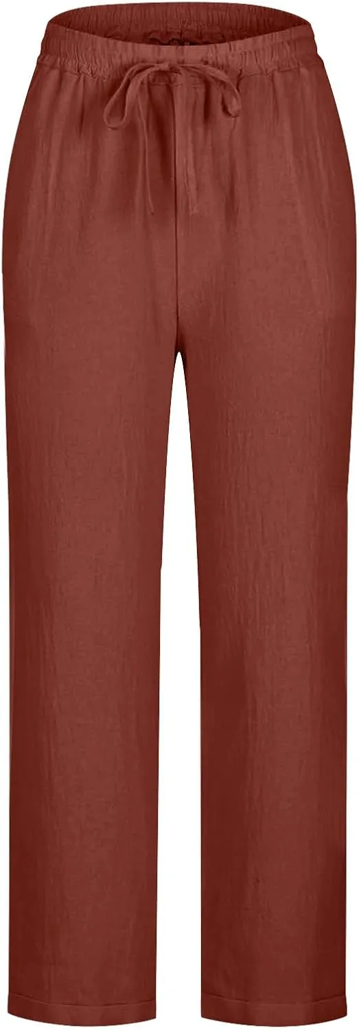 Women's Plus Size Linen Blend Pants Wide Straight Leg Trousers Comfy Casual Lounge Pants Women Lightweight Trousers