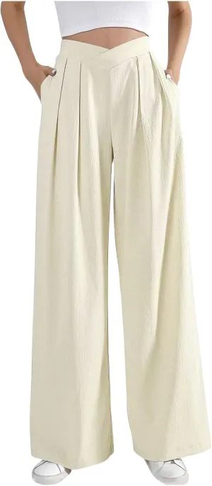 Womens Plus Size Wide Leg Pants Crossover Waist Pleated Front Work Business Casual Pant Lounge Slacks Trouser Pockets