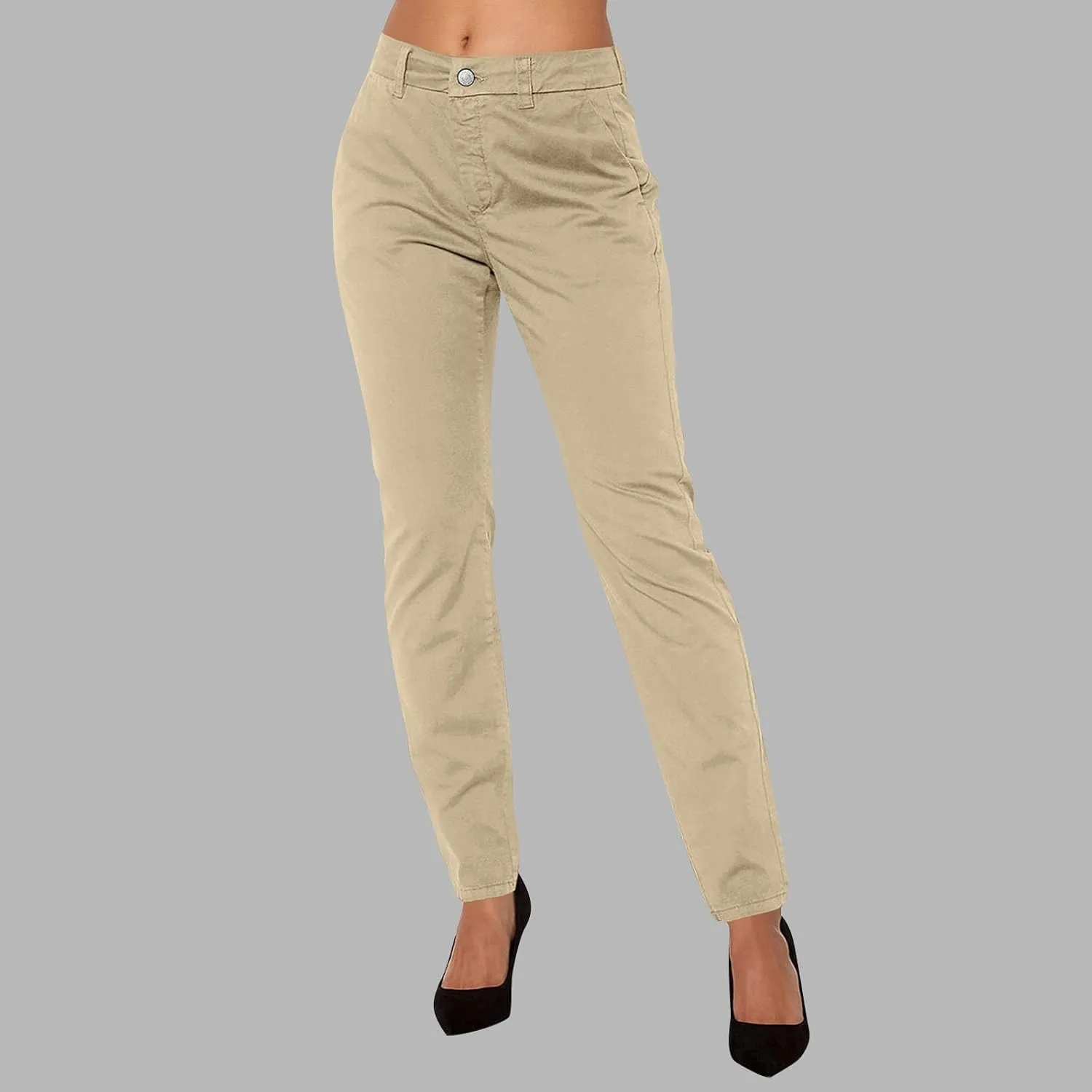Women's Slim Fit Cargo Pant Work Pants Summer High Waisted Solid Button-On Business Casual Tight Trousers with Pockets